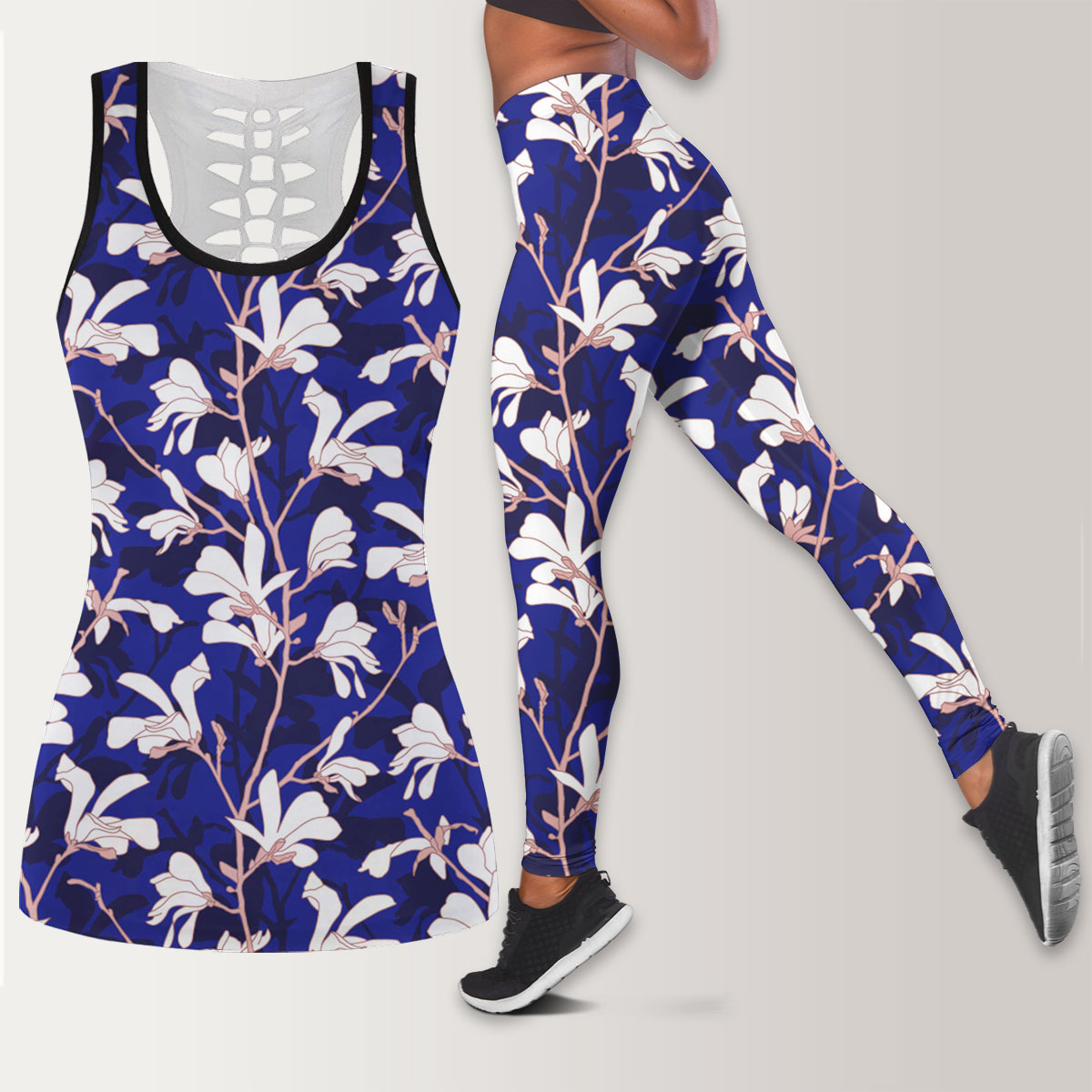 Blue Floral Background With White Magnolia Flower Legging Tank Top set