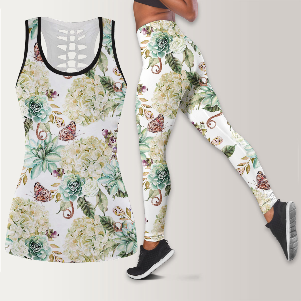 Bright Watercolor With Flowers Hydrangea, Rose And Succulents Legging Tank Top set