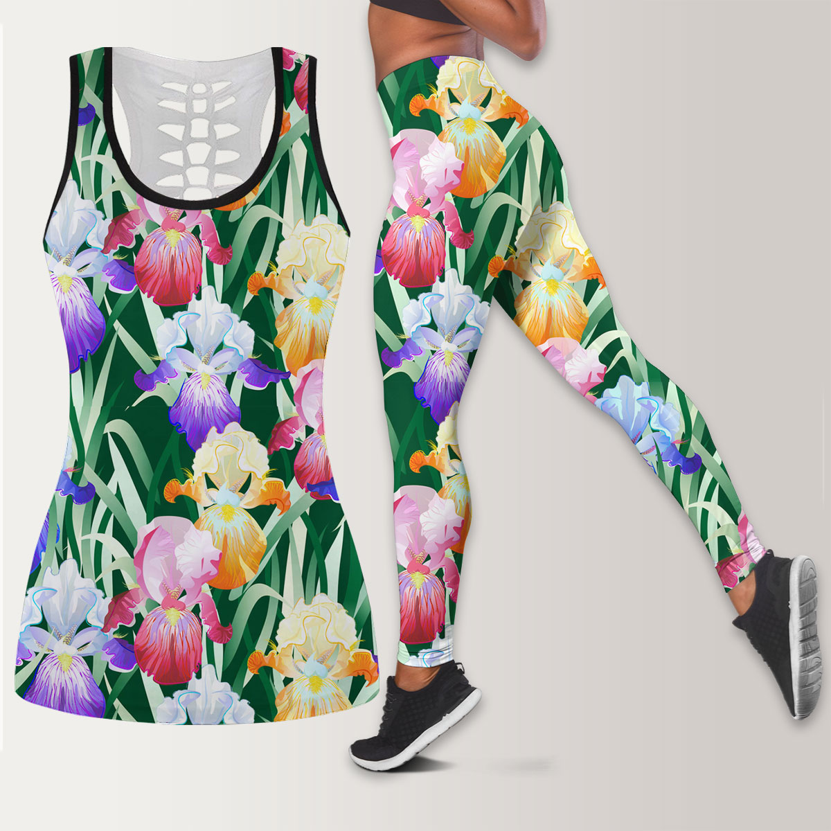 Colorful Iris Flowers And Green Leaves Legging Tank Top set