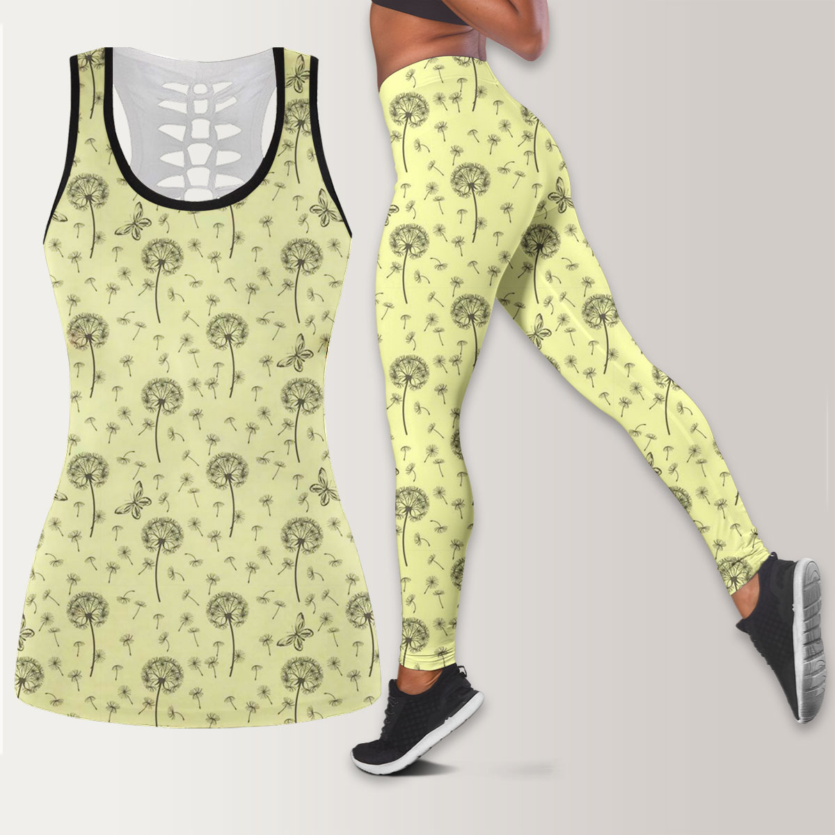 Dandelions And Butterflies On Yellow Background Legging Tank Top set