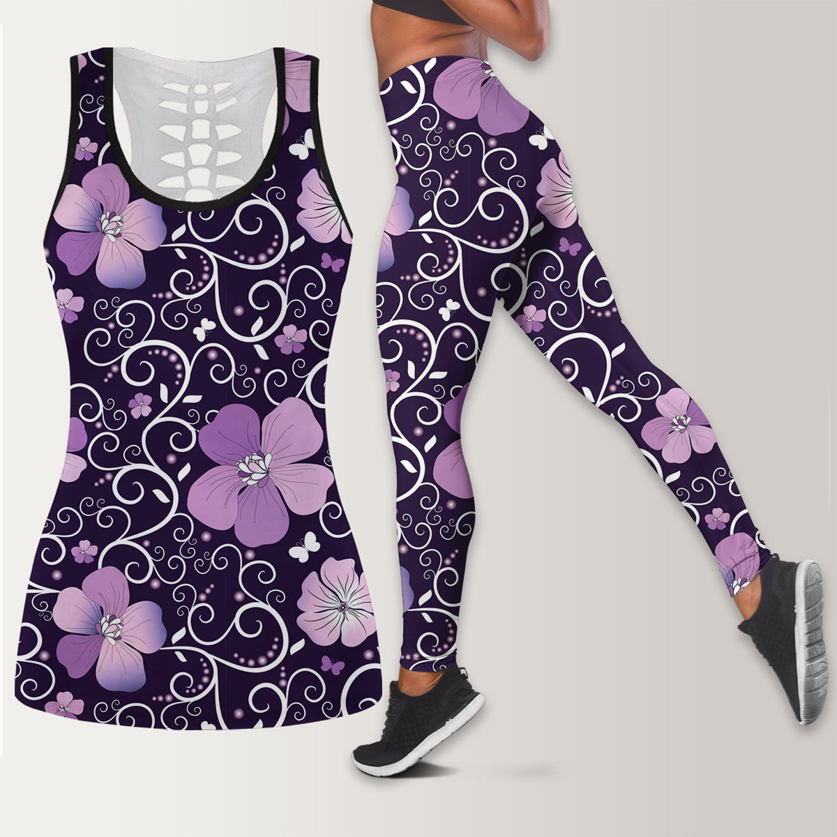 Dark Violet Floral Legging Tank Top set
