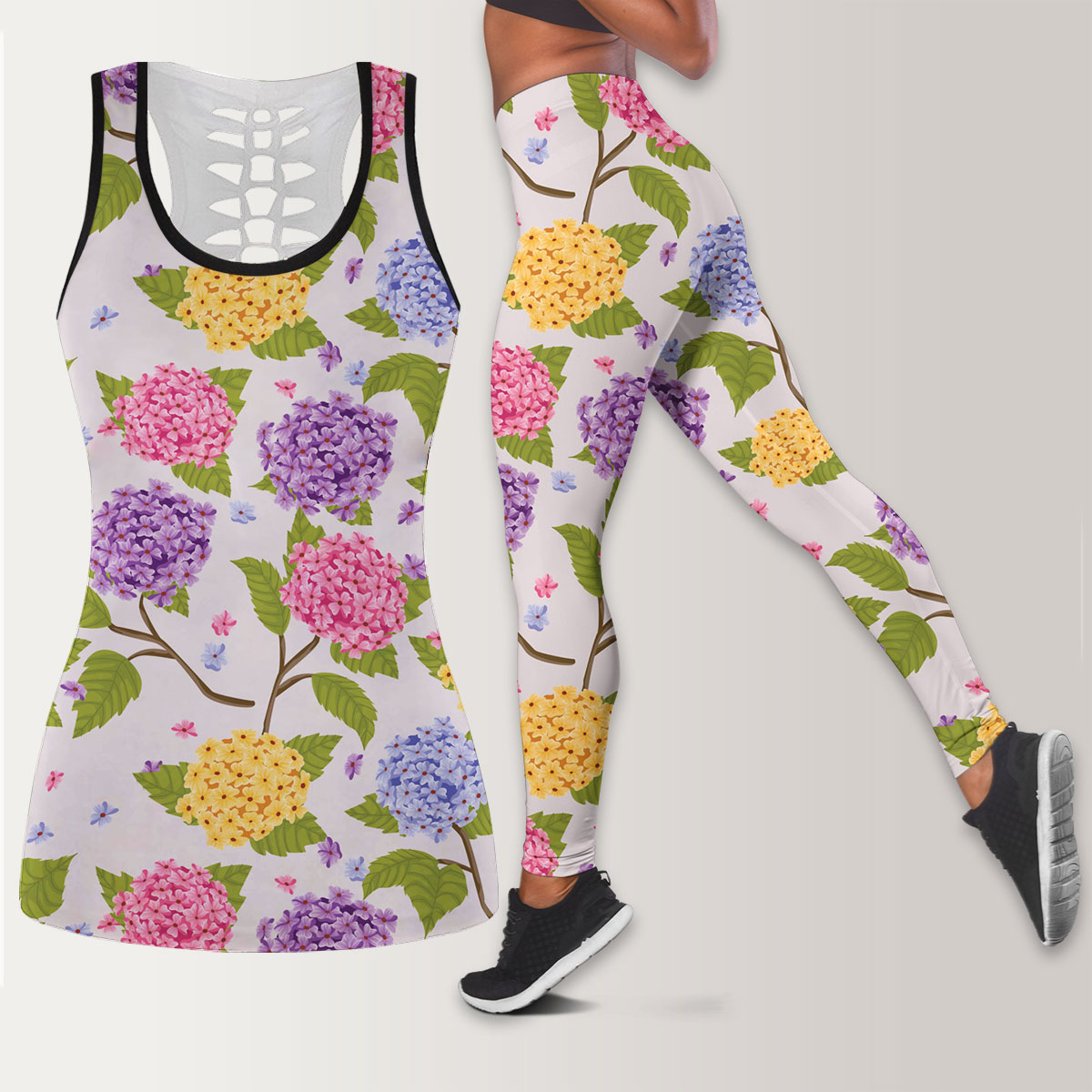 Floral Hydrangea Seamless Pattern Legging Tank Top set