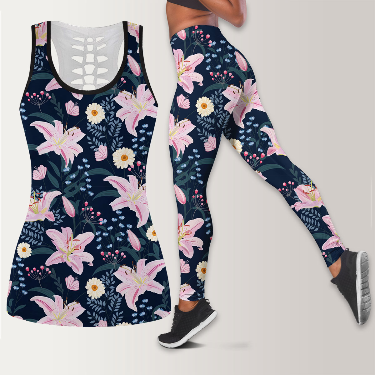 Lily Flower With Floral Pink Legging Tank Top set