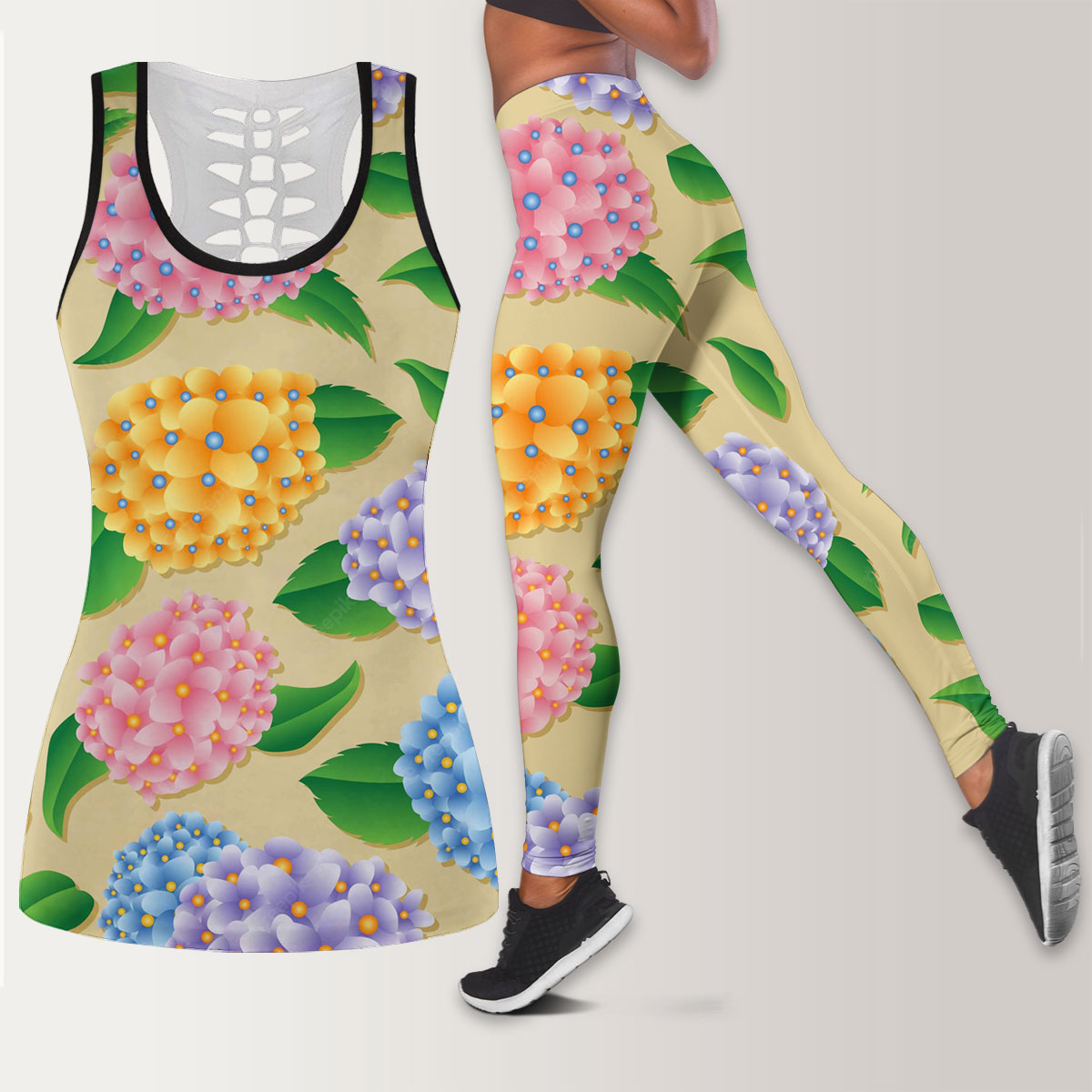 Multi Color Hydrangea Flower Legging Tank Top set