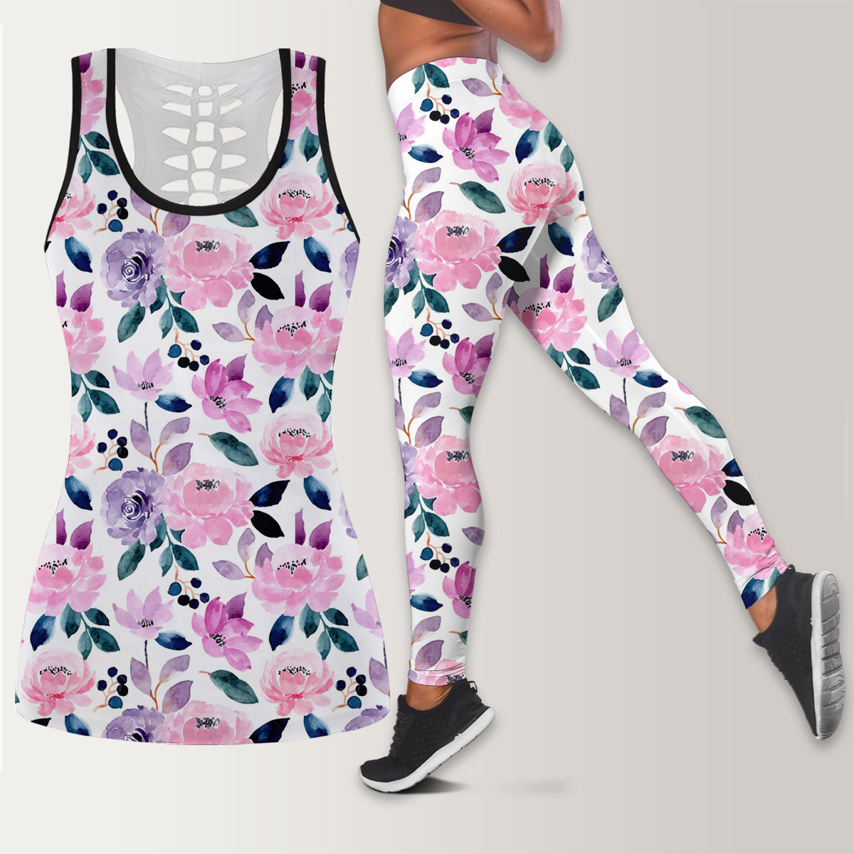 Pink Purple Seamless Pattern With Floral Legging Tank Top set