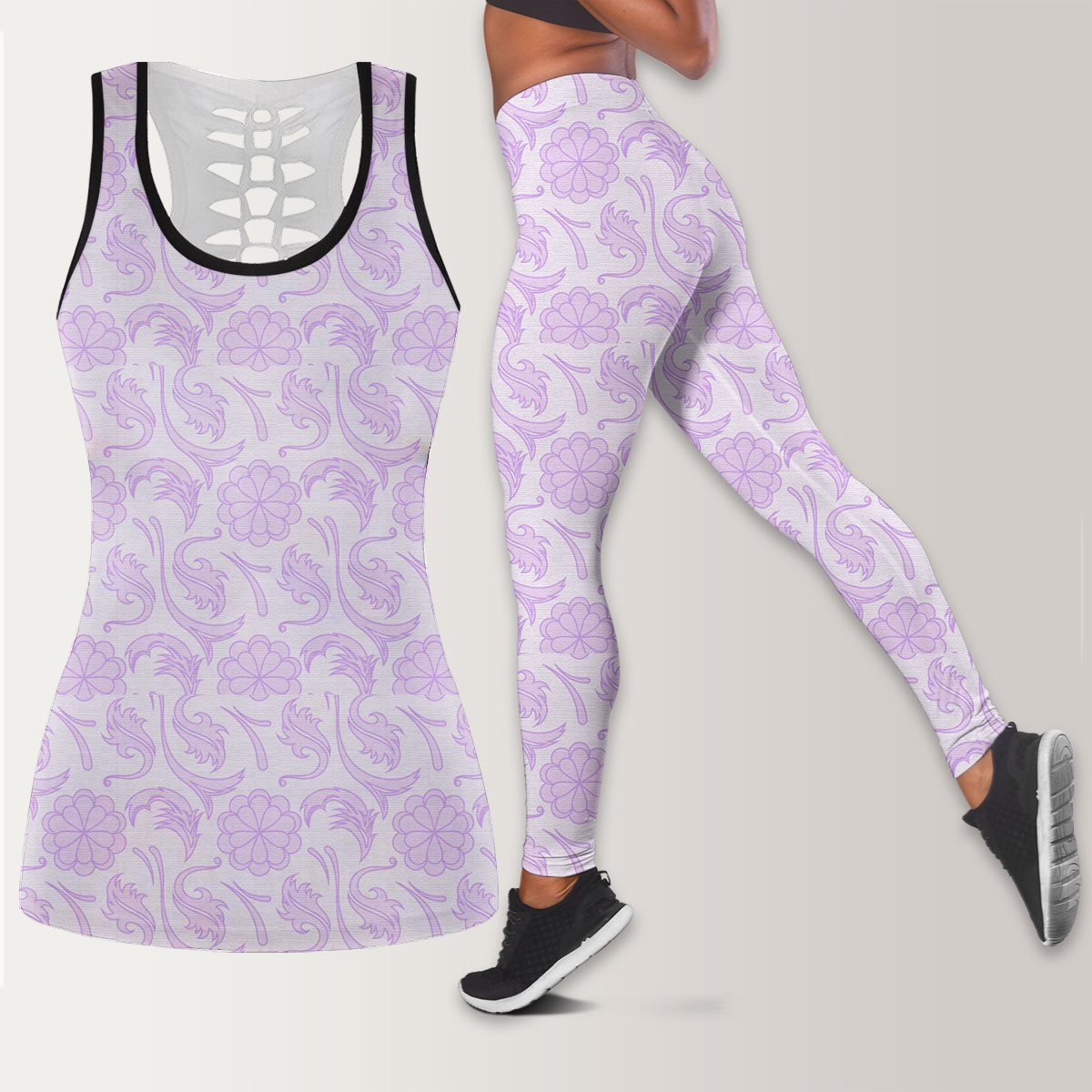 Purple Floral Seamless Pattern Legging Tank Top set
