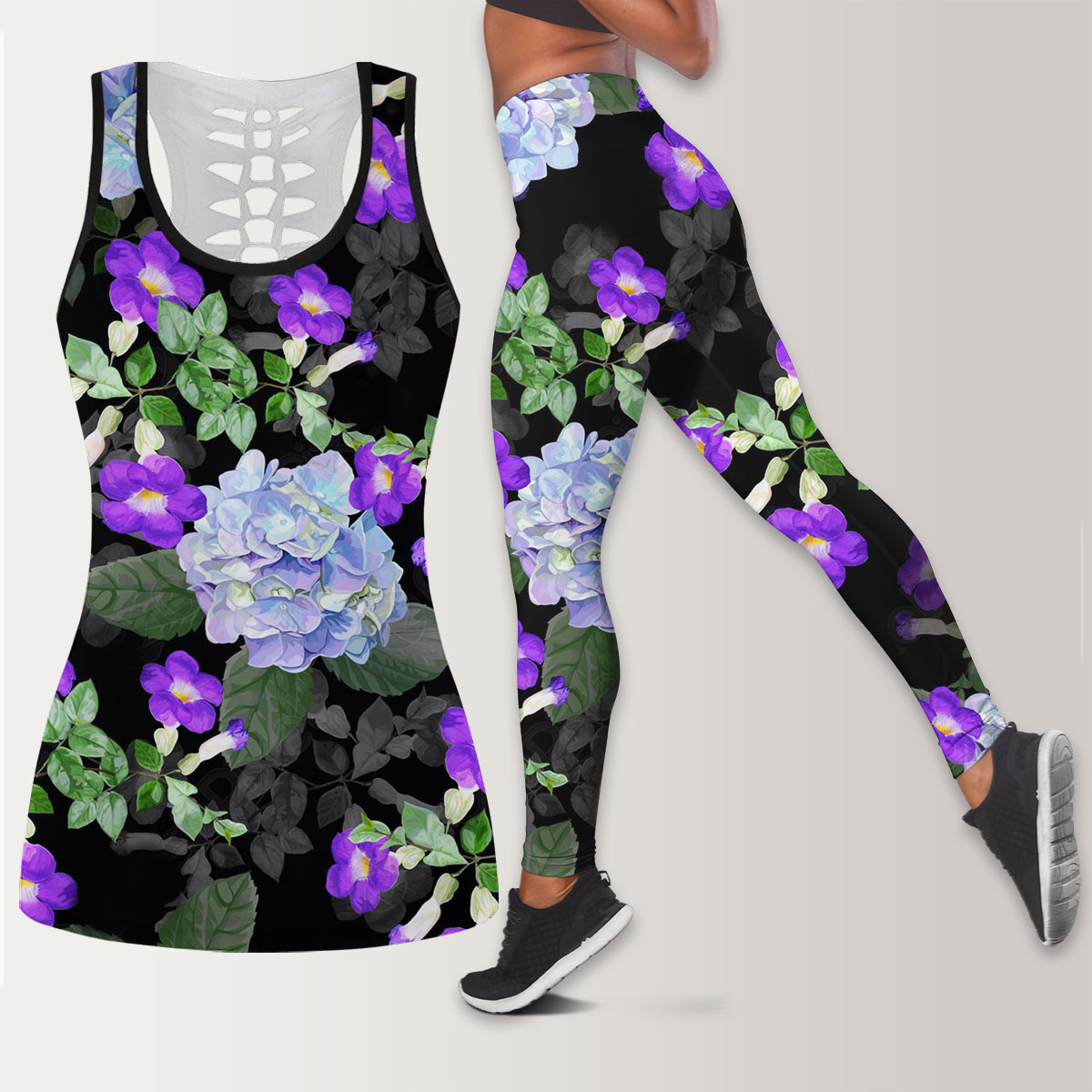 Purple Flower And Hydrangea Legging Tank Top set