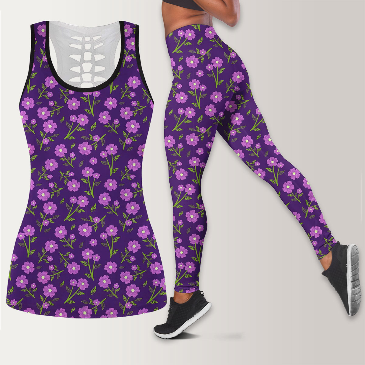 Purple Flower Vibe Seamless Pattern Legging Tank Top set