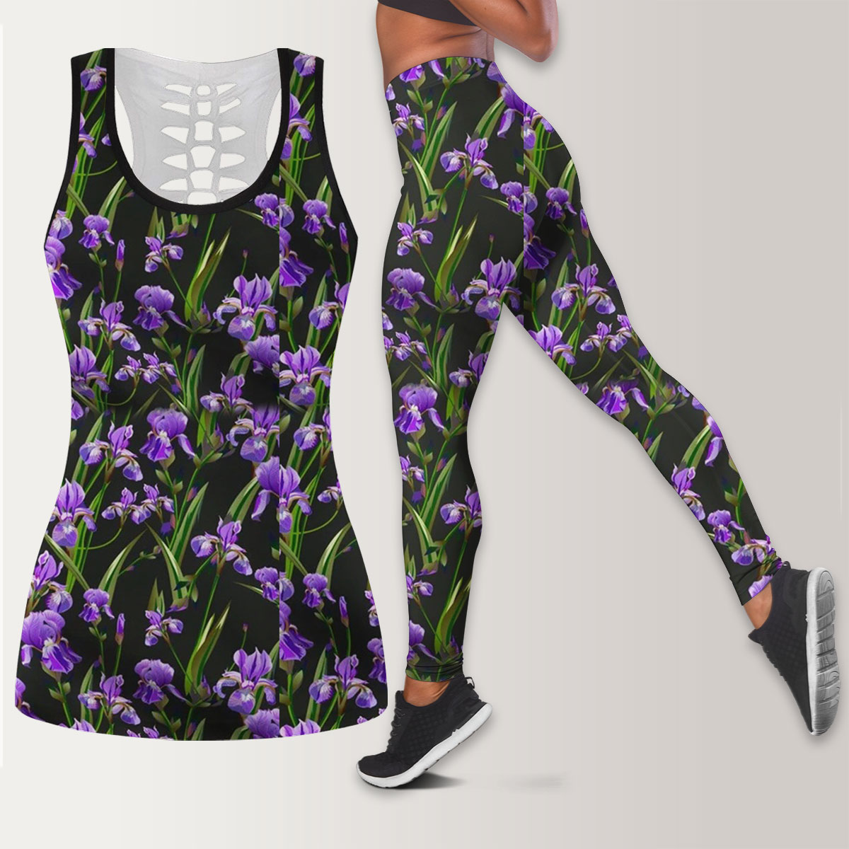 Purple Iris On Black Background Legging Tank Top set