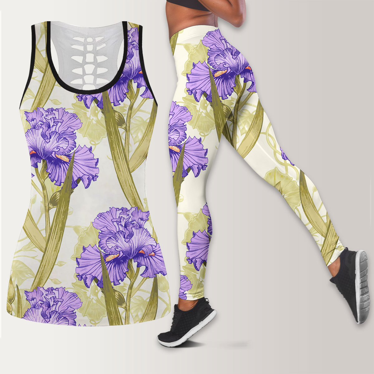 Purple Watercolor Iris Flower Legging Tank Top set