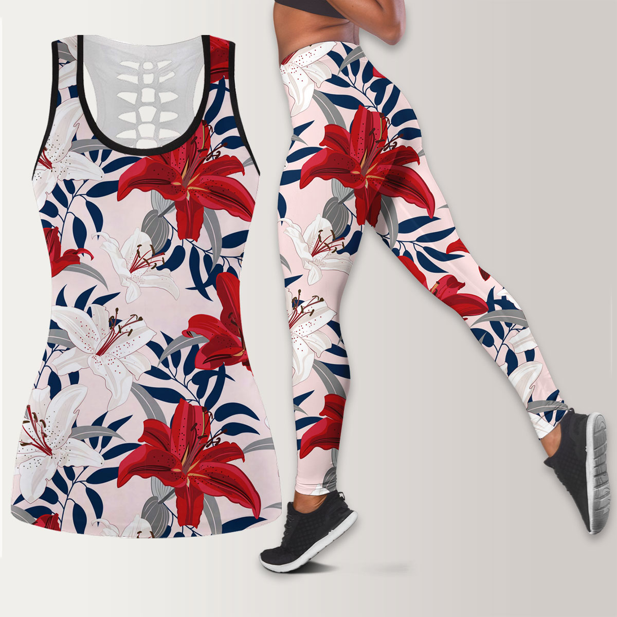 Red And White Lily Flowers Legging Tank Top set