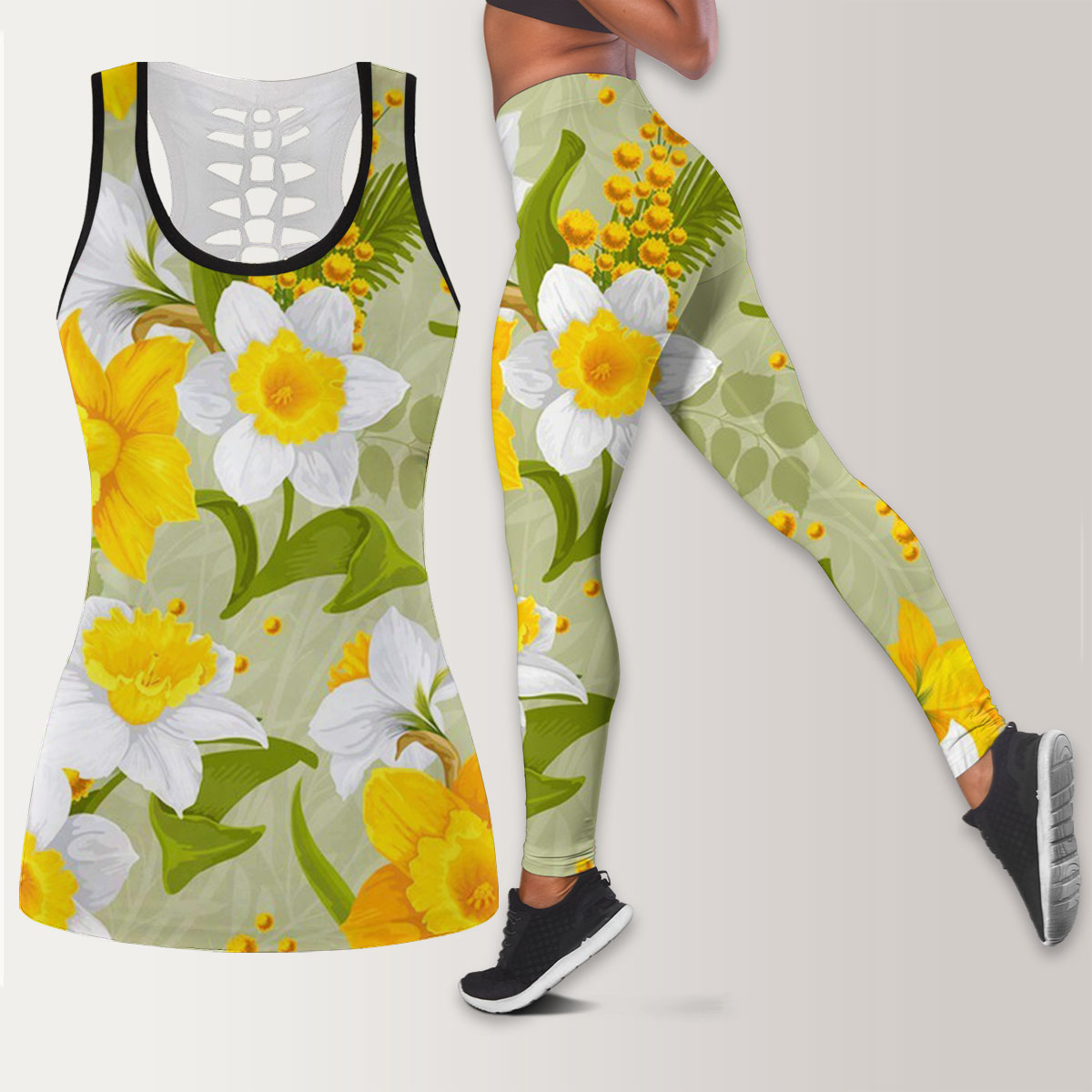 Retro Daffodils Flower Legging Tank Top set