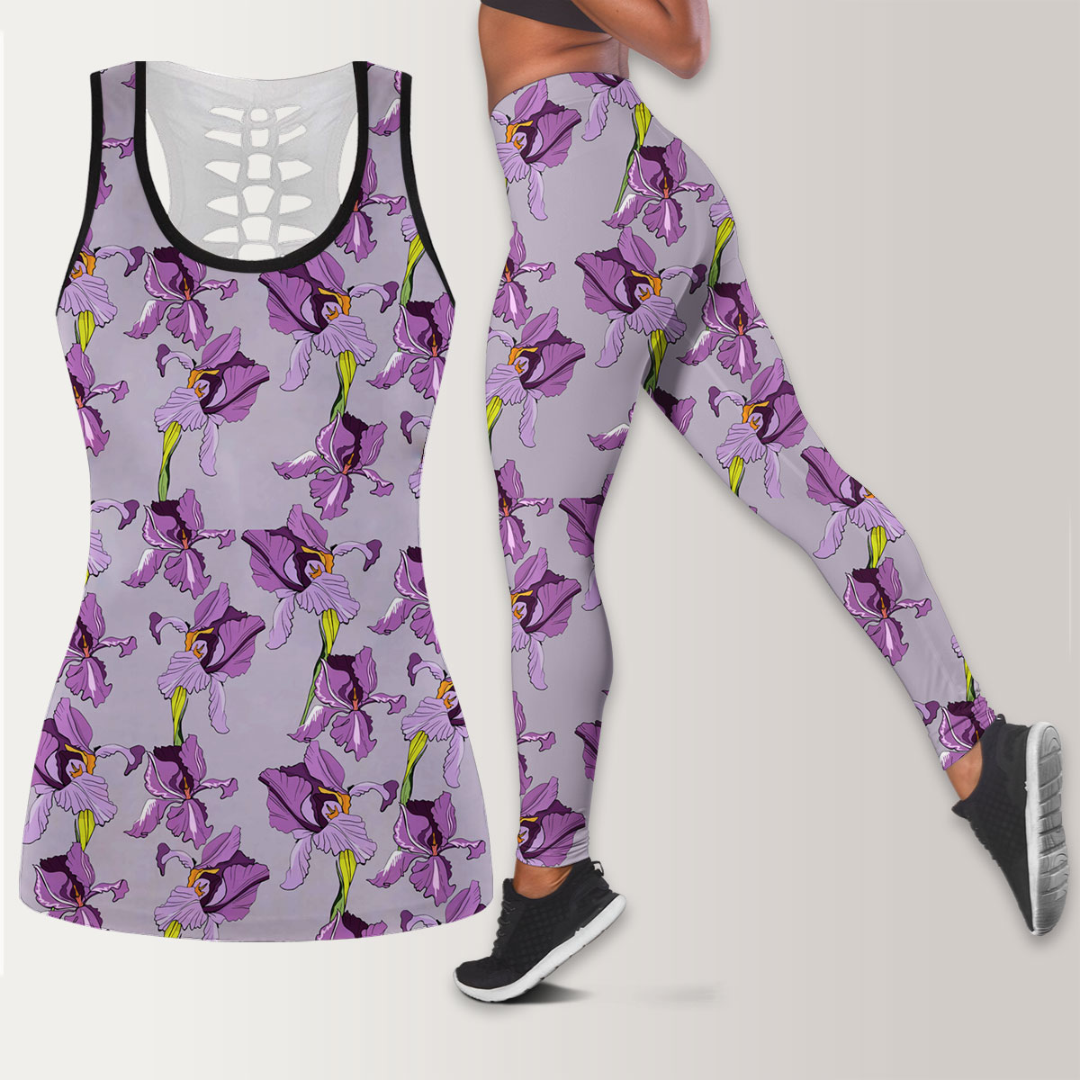 Seamless Pattern With Purple Iris Flowers Legging Tank Top set