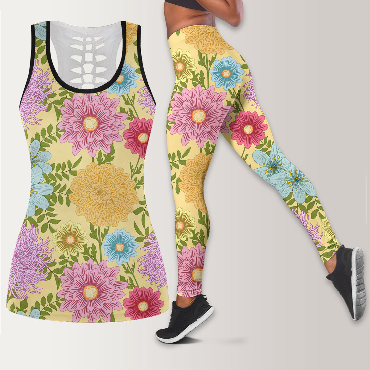 Summer Seamless Pattern With Daisy Chrysanthemum Legging Tank Top set