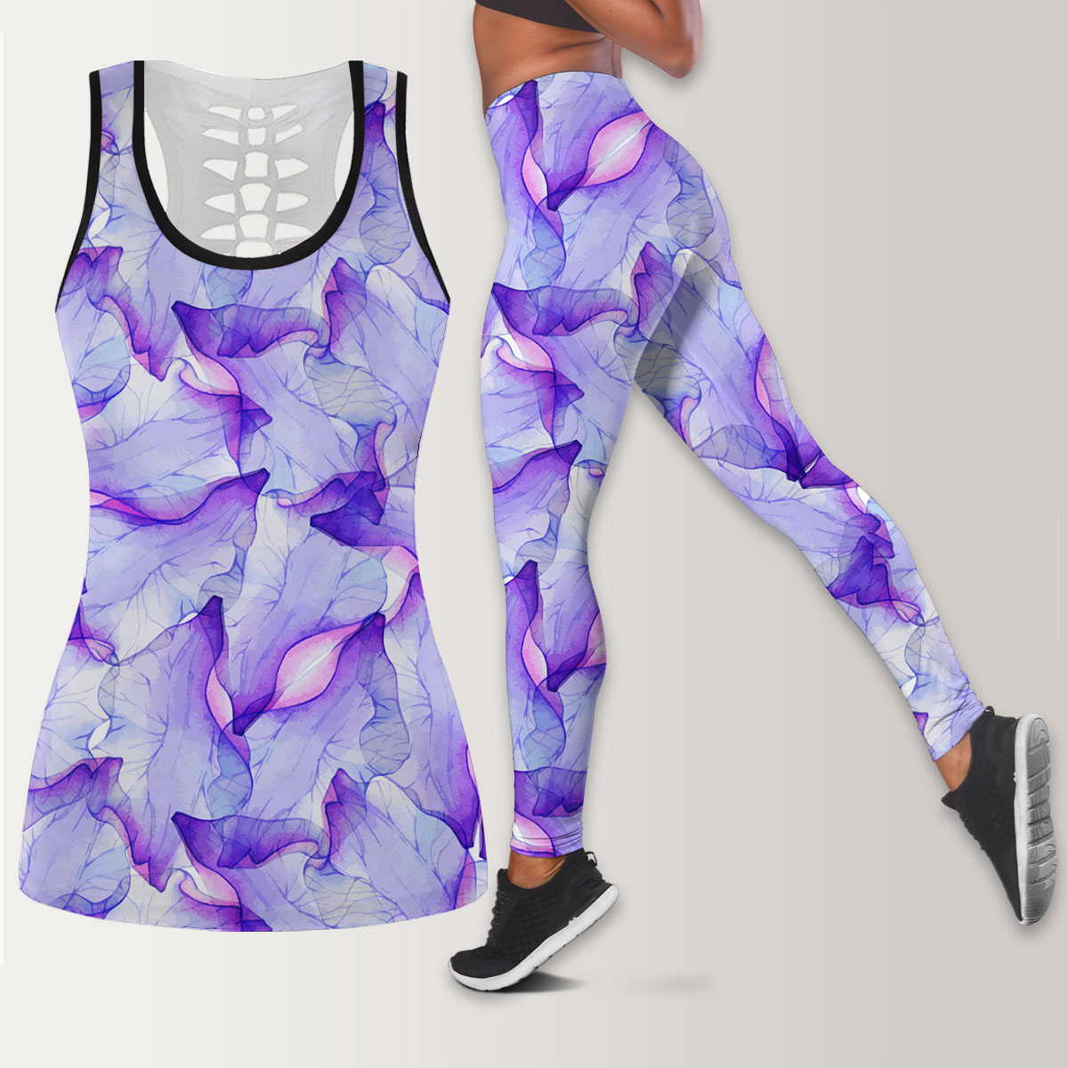Watercolor Seamless Pattern With Purple Flower Legging Tank Top set