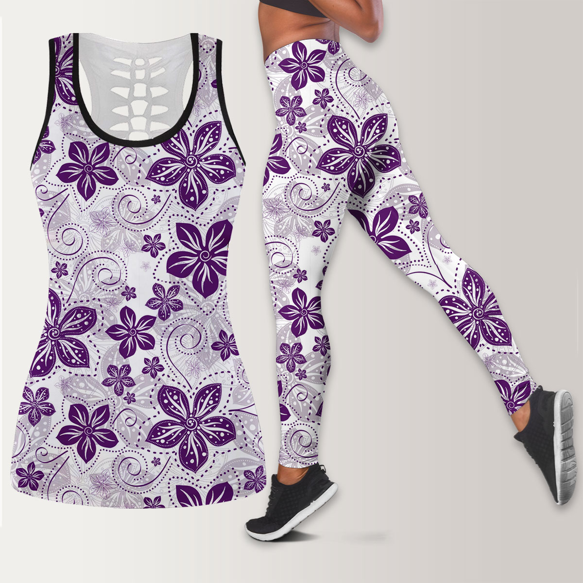 White Violet Floral Pattern Legging Tank Top set