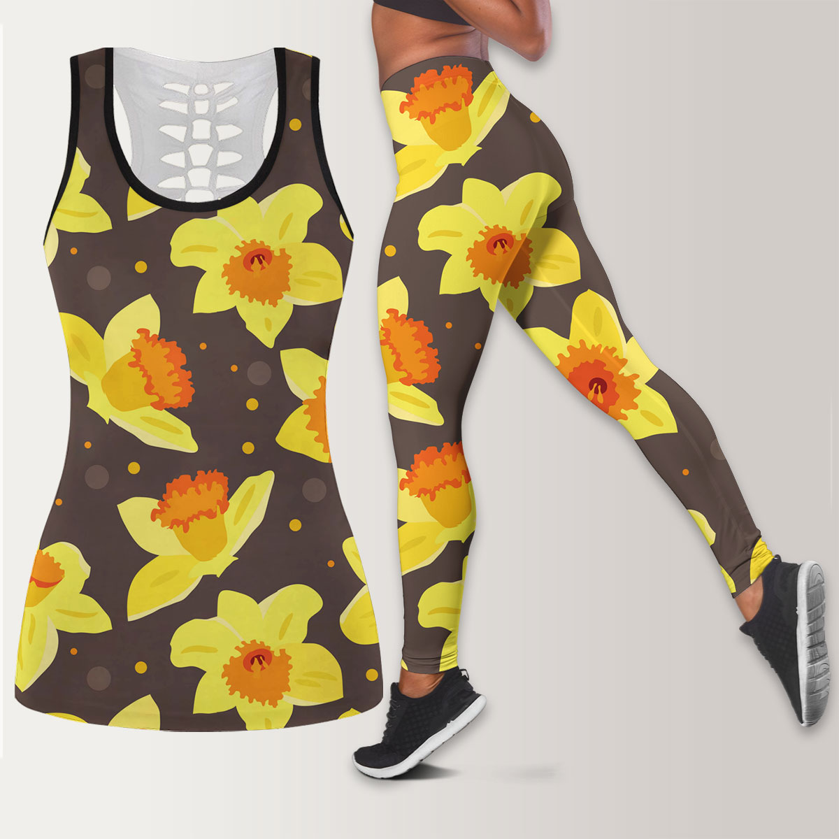 Yellow Daffodils On Brown Background Legging Tank Top set