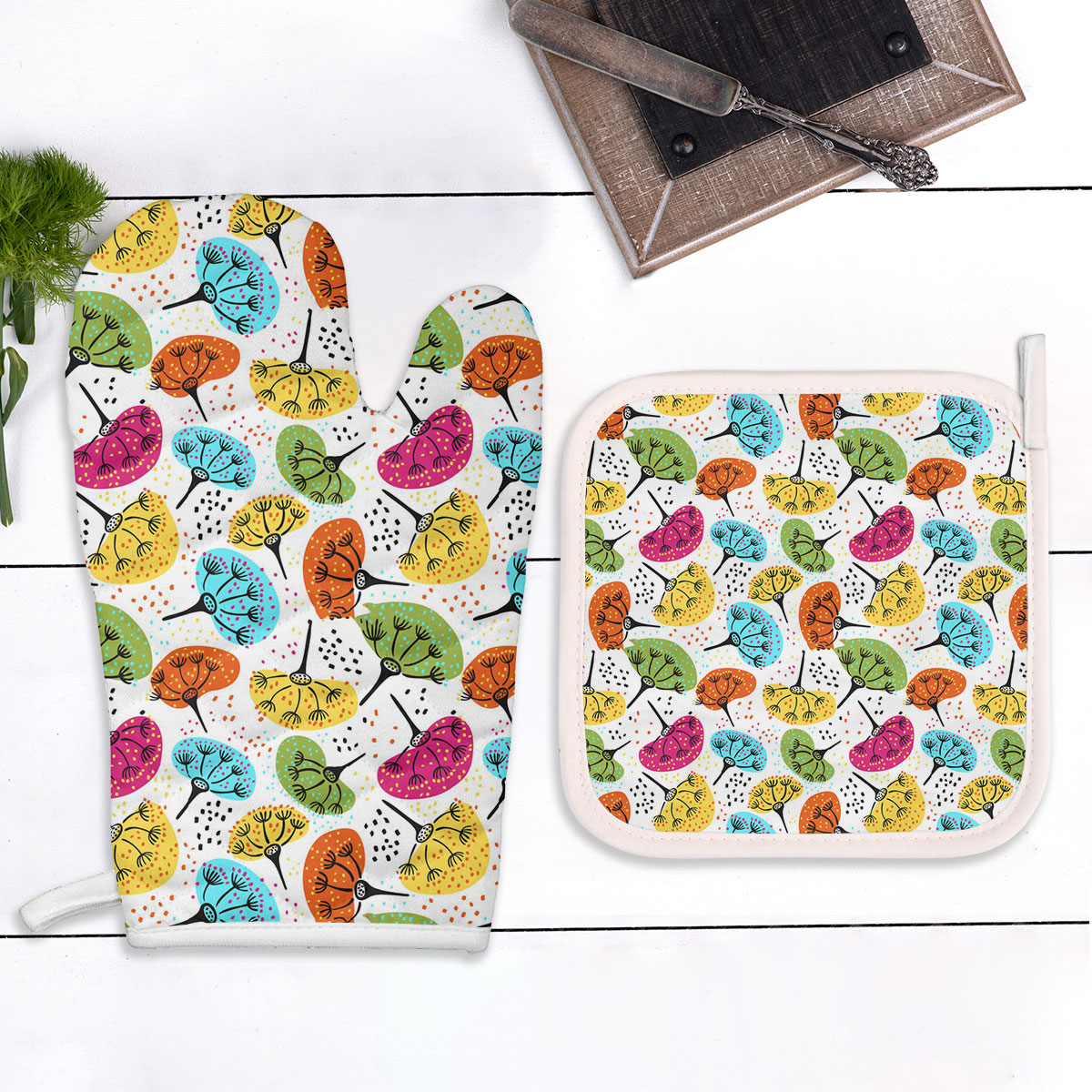 Abstract Colorful Dandelion Oven Mitts Pot Holder Set