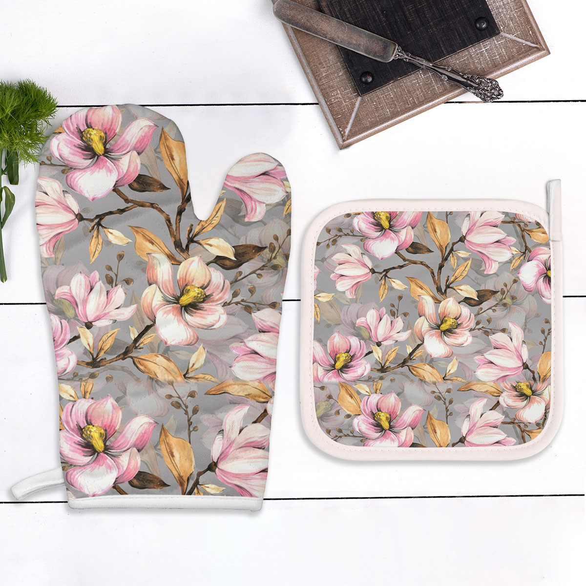 Abstract Magnolia Flowers Oven Mitts Pot Holder Set