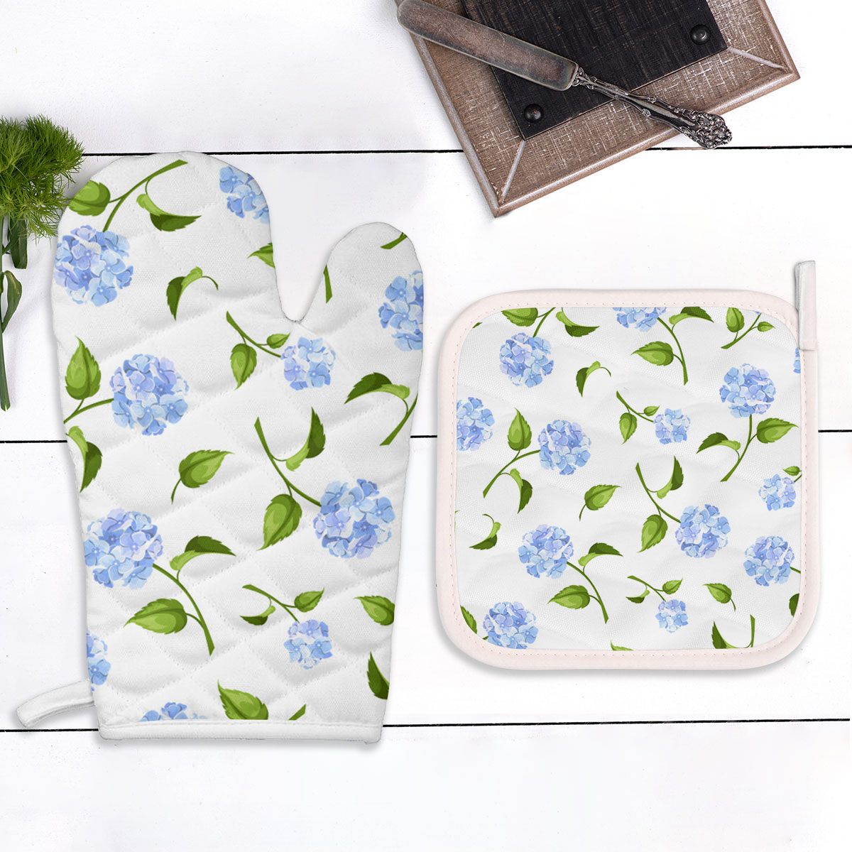 Blue Hydrangea Flowers On A White Background Oven Mitts Pot Holder Set