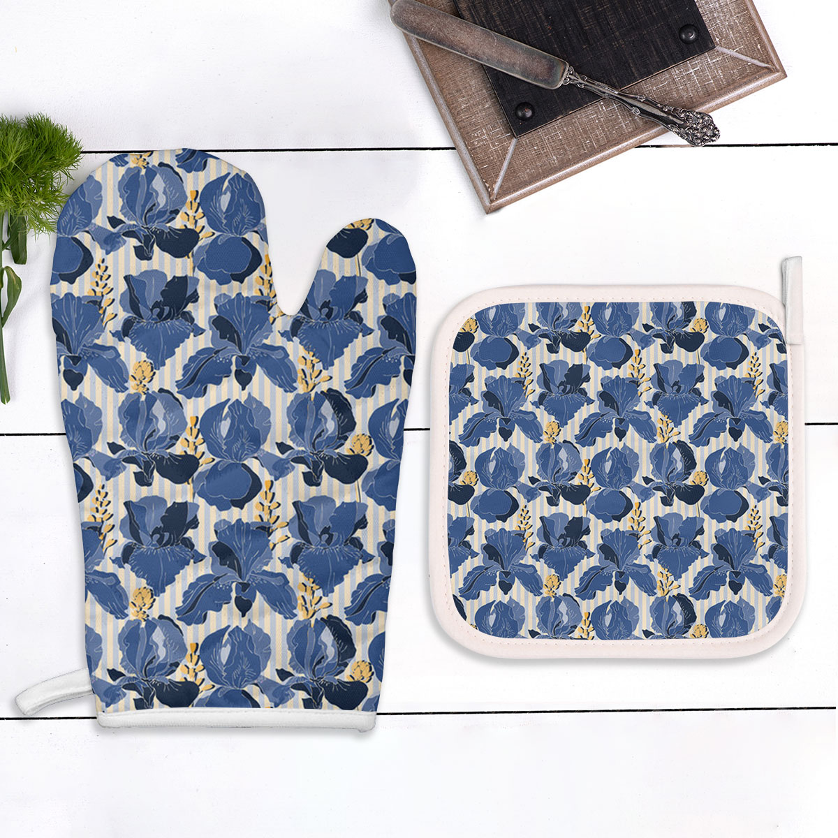Blue Iris Flowers Isolated On A Light White And Yellow Striped Oven Mitts Pot Holder Set