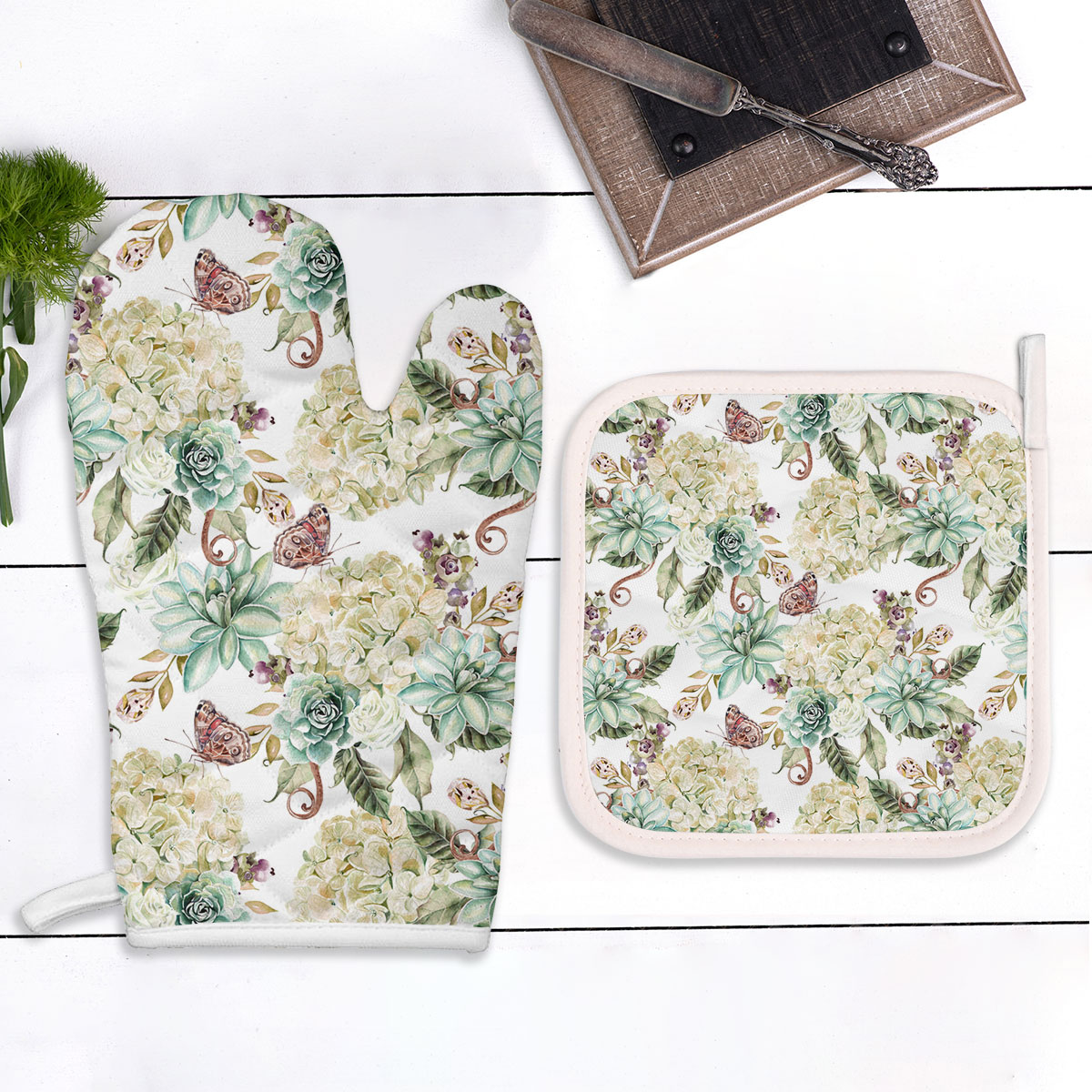 Bright Watercolor With Flowers Hydrangea, Rose And Succulents Oven Mitts Pot Holder Set