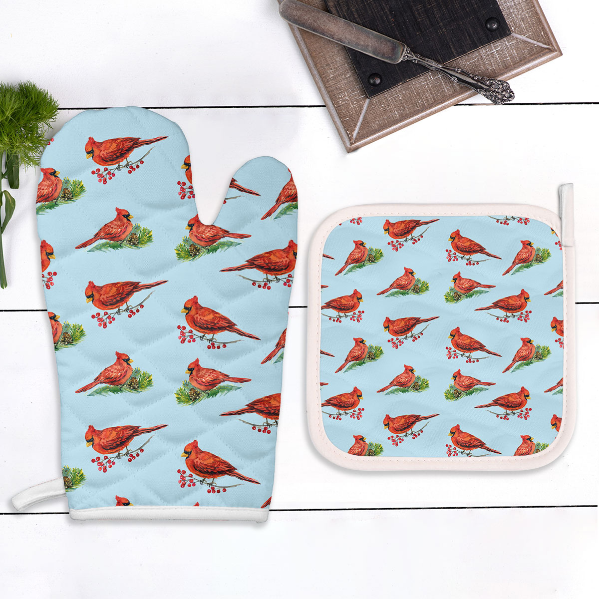 Cardinal On Branches Oven Mitts Pot Holder Set