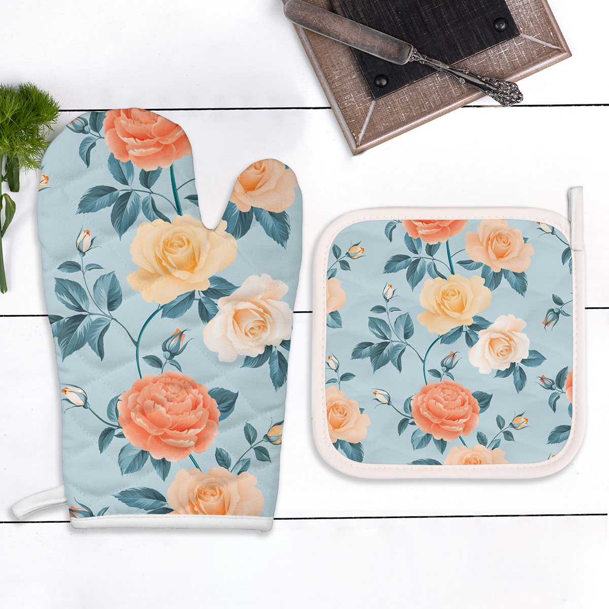 Colorful Seamless Roses and Chrysanthemum Oven Mitts Pot Holder Set