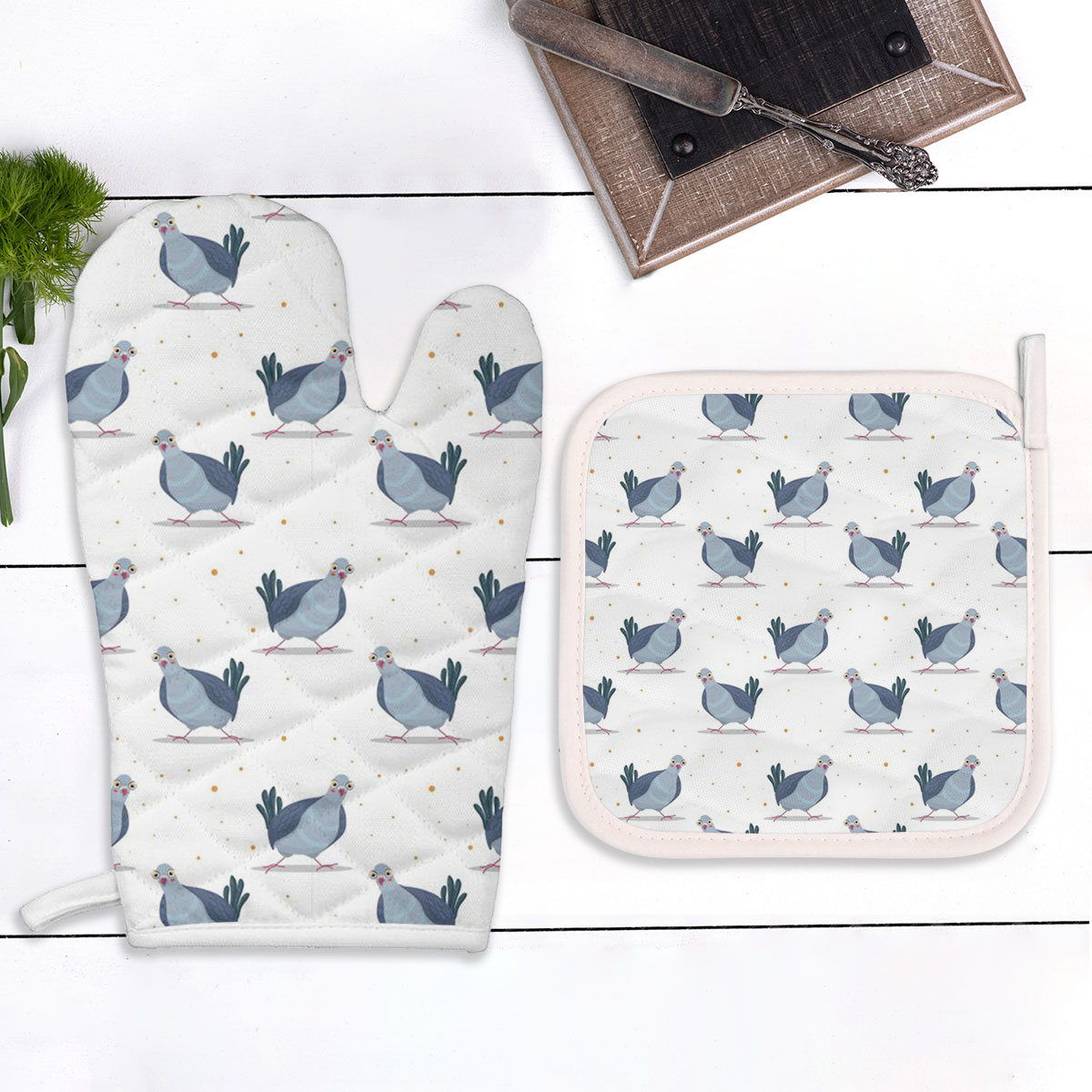 Cute Pigeon Monogram Oven Mitts Pot Holder Set