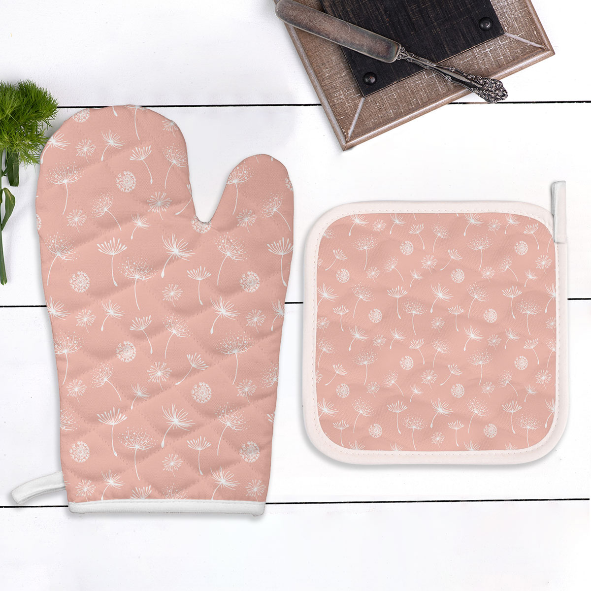 Dandelion On Pink  Background Oven Mitts Pot Holder Set