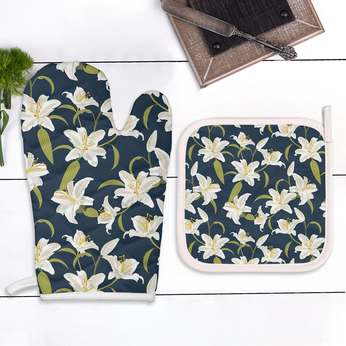 Lily Seamless Pattern On Blue Background Oven Mitts Pot Holder Set