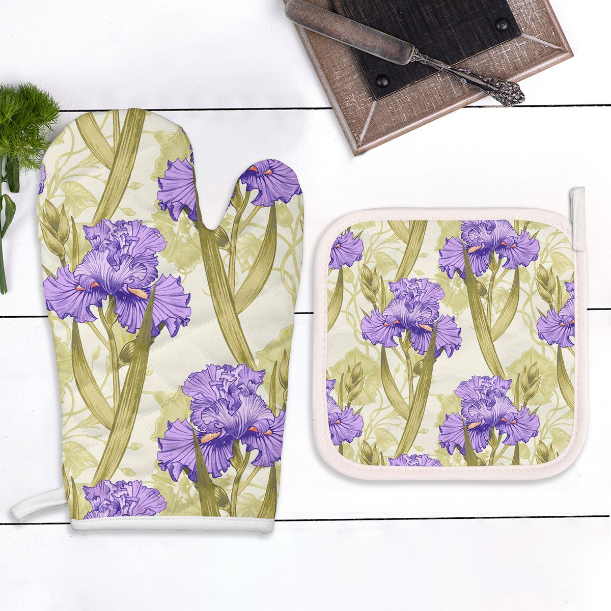 Purple Watercolor Iris Flower Oven Mitts Pot Holder Set