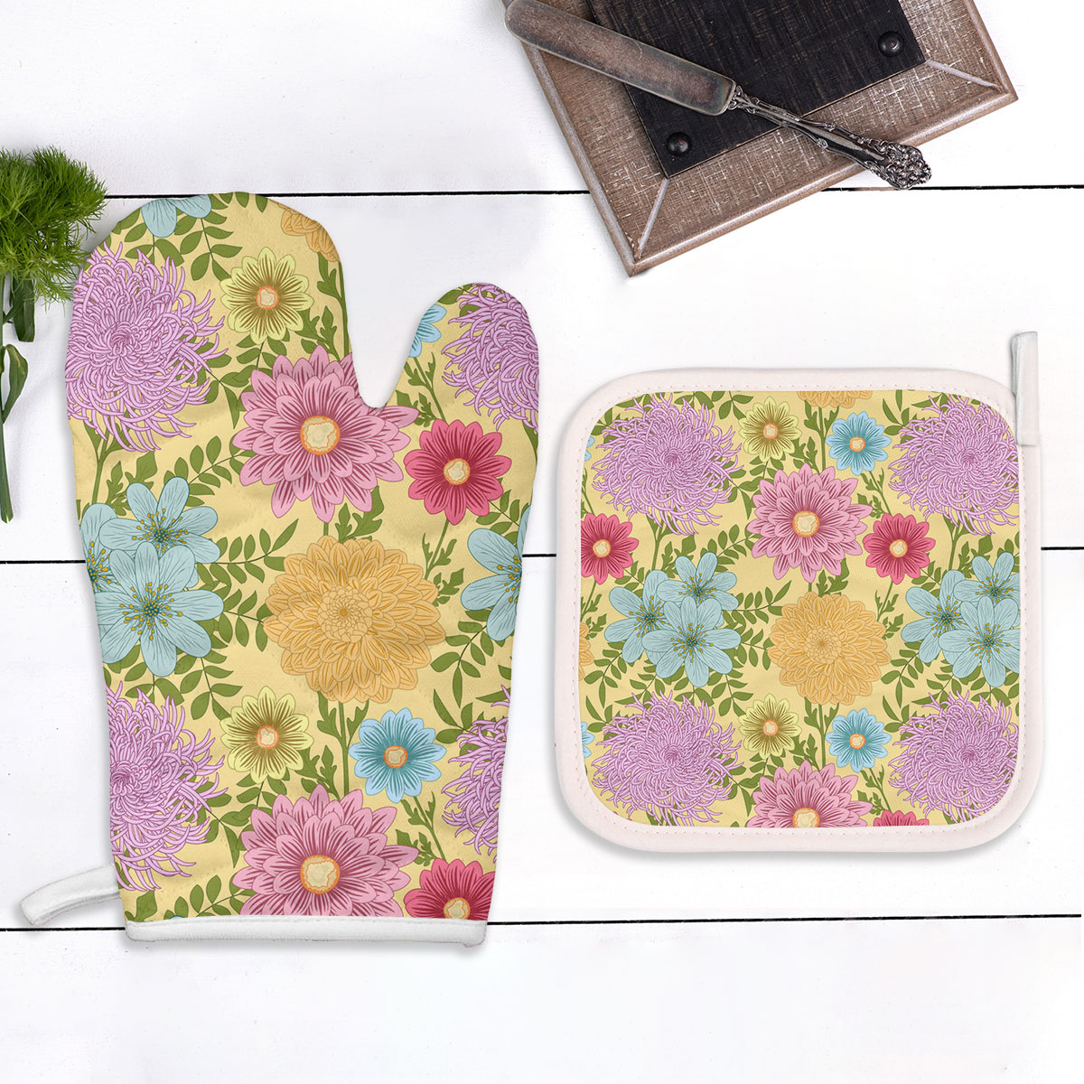 Summer Seamless Pattern With Daisy Chrysanthemum Oven Mitts Pot Holder Set