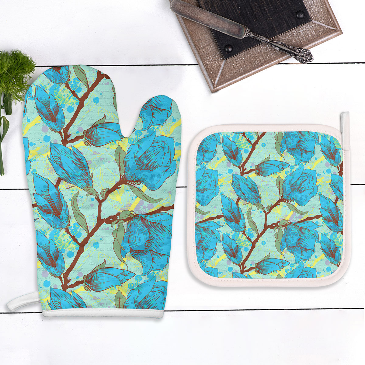 Vintage Seamless Pattern With Magnolia Oven Mitts Pot Holder Set