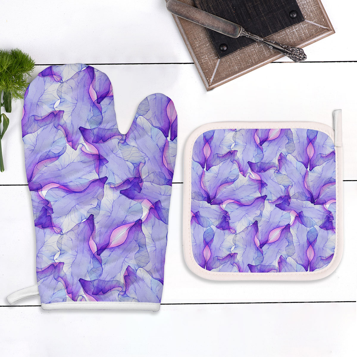 Watercolor Seamless Pattern With Purple Flower Oven Mitts Pot Holder Set