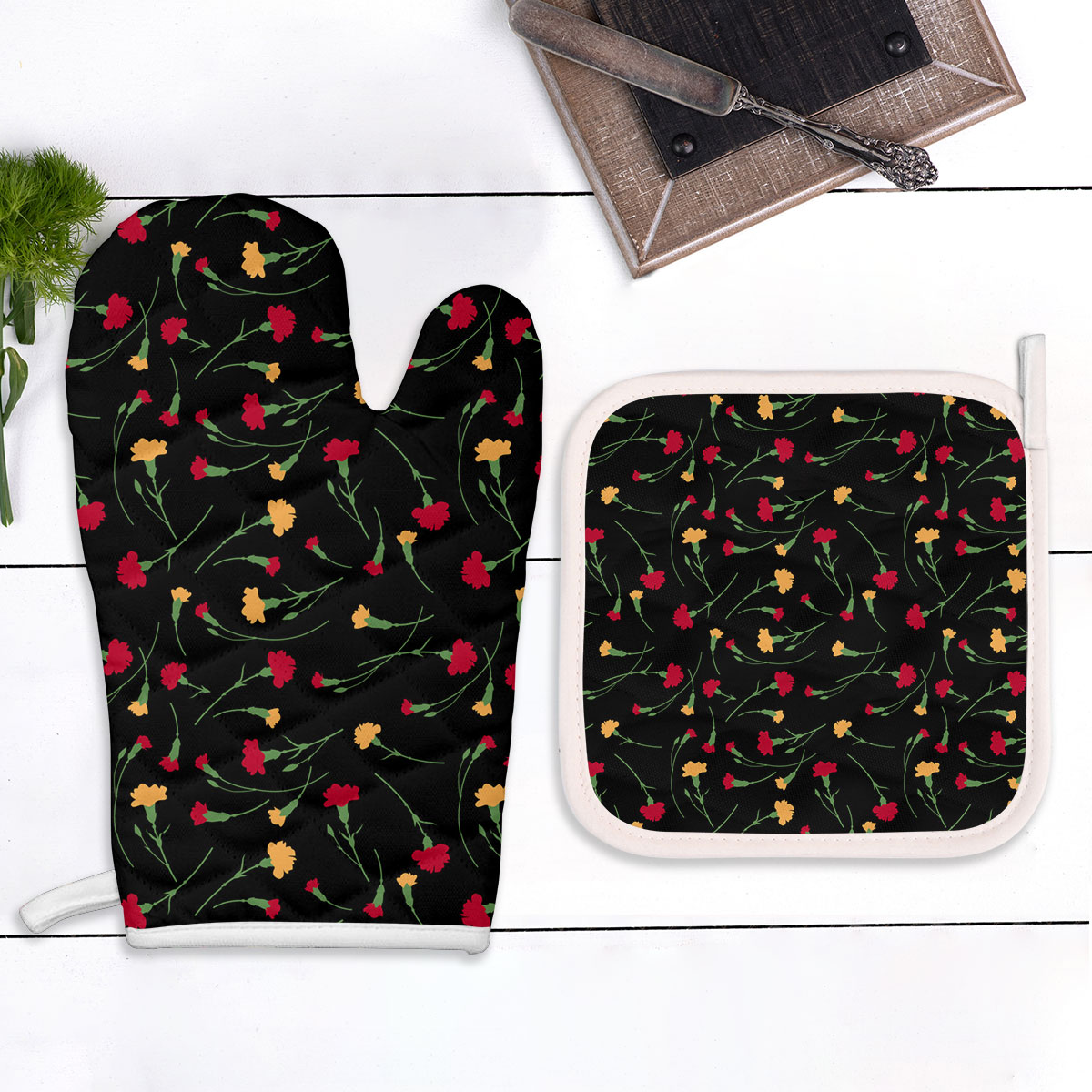 Yellow Red Carnations Oven Mitts Pot Holder Set