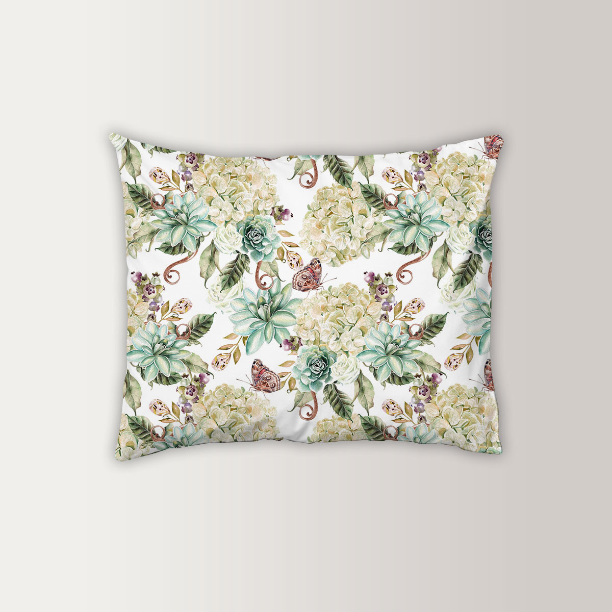Bright Watercolor With Flowers Hydrangea, Rose And Succulents Pillow Case