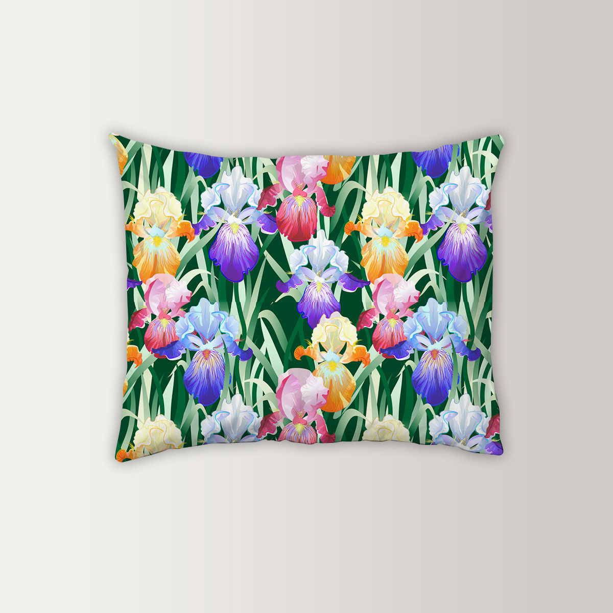 Colorful Iris Flowers And Green Leaves Pillow Case