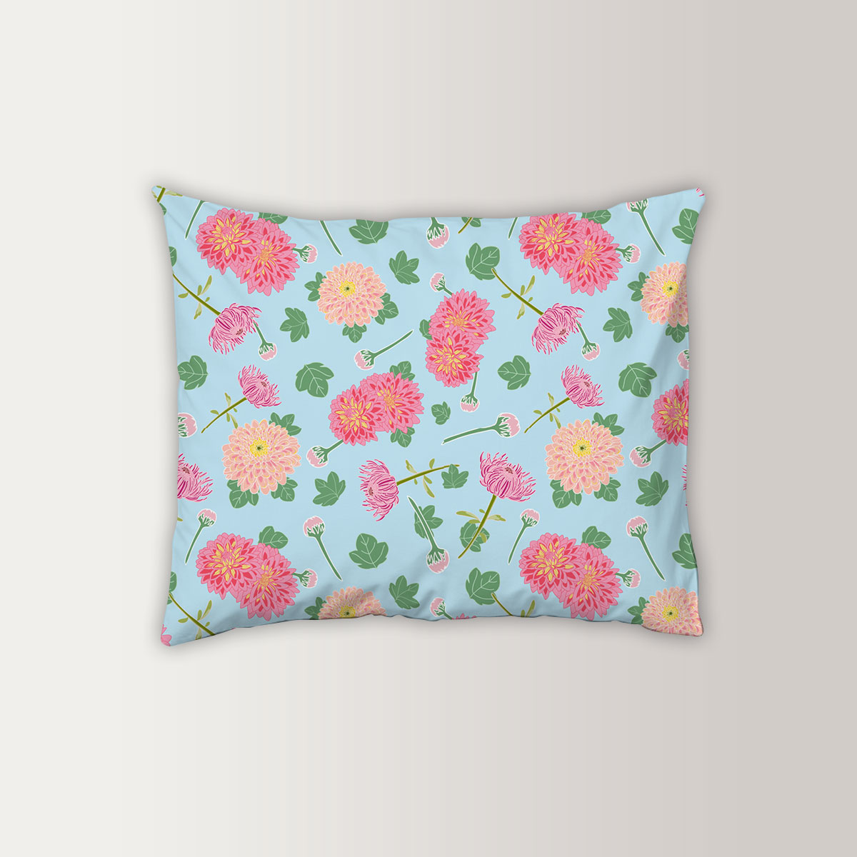 Pink Chrysanthemum Flowers And Leaves Pillow Case