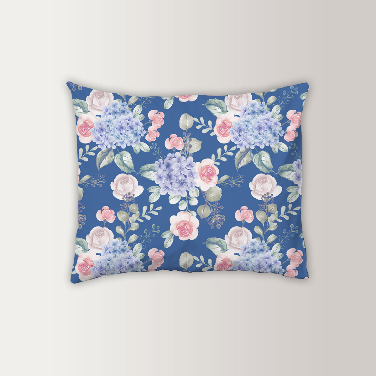 Watercolor Flower Hydrangea And Leaves Blue Pillow Case