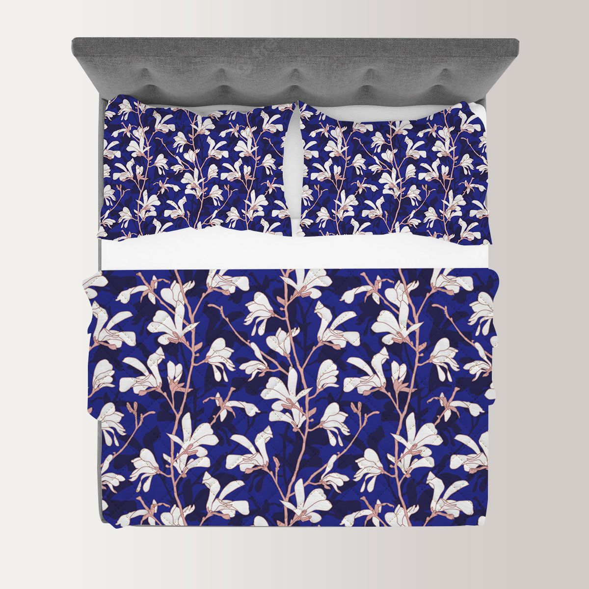 Blue Floral Background With White Magnolia Flower Quilt Set