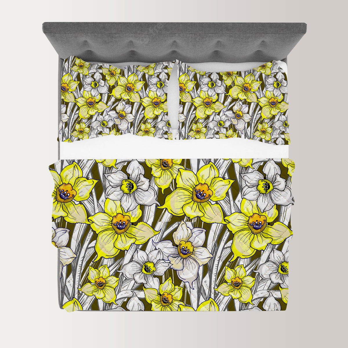 Botanical With Flowers Of Narcissus Daffodil Quilt Set