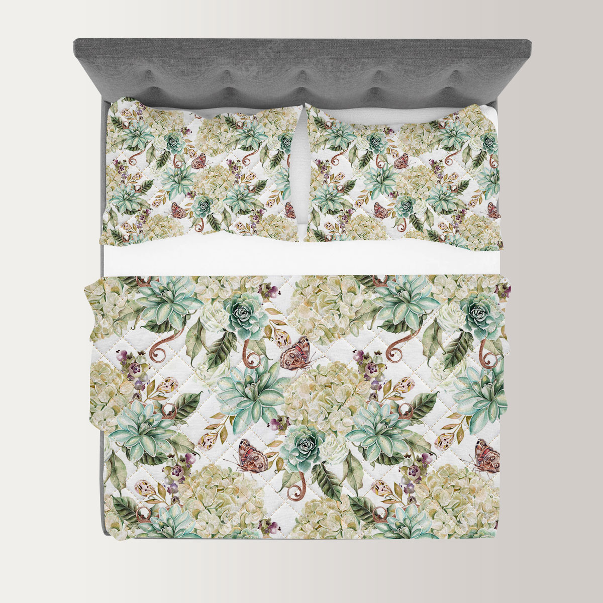 Bright Watercolor With Flowers Hydrangea, Rose And Succulents Quilt Set