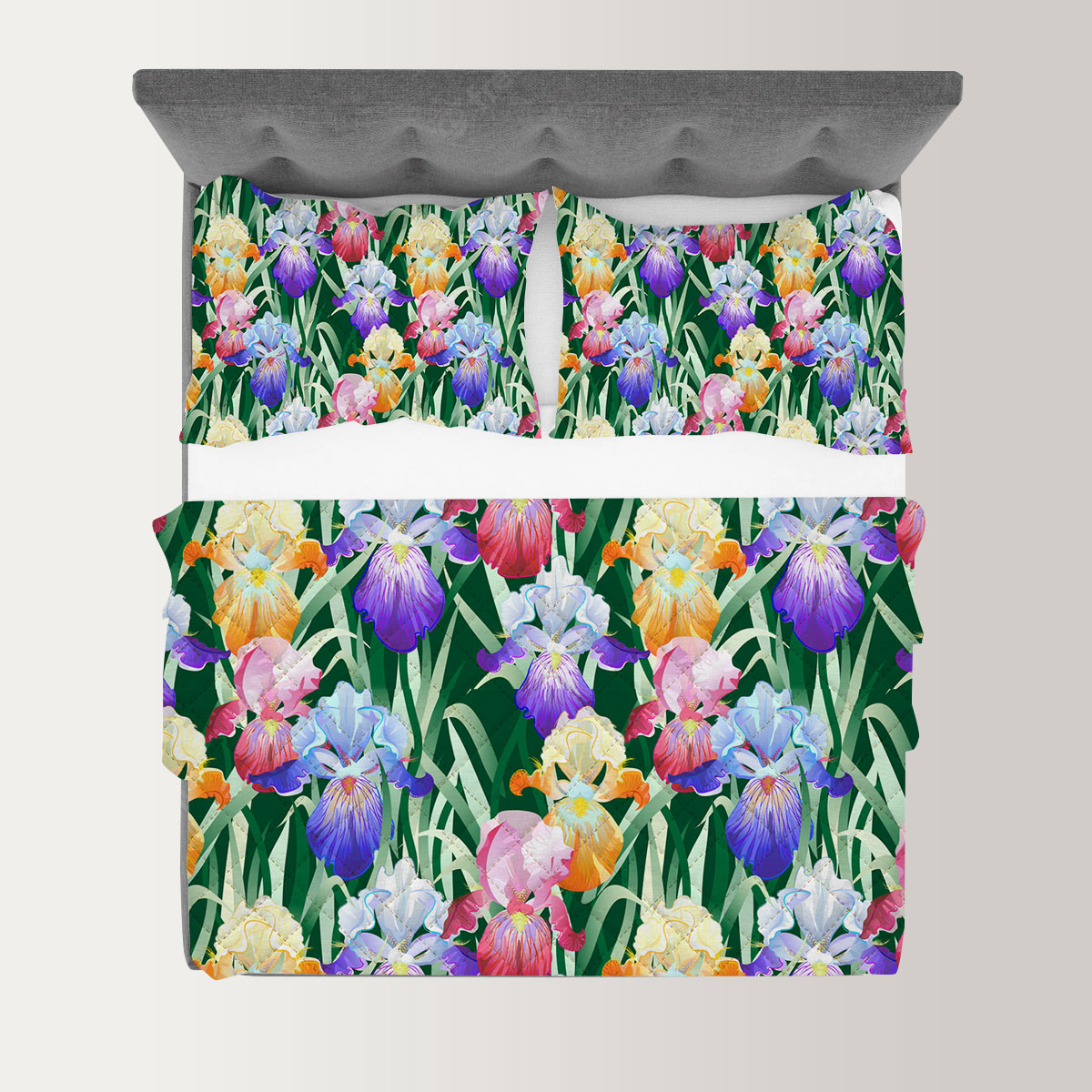 Colorful Iris Flowers And Green Leaves Quilt Set