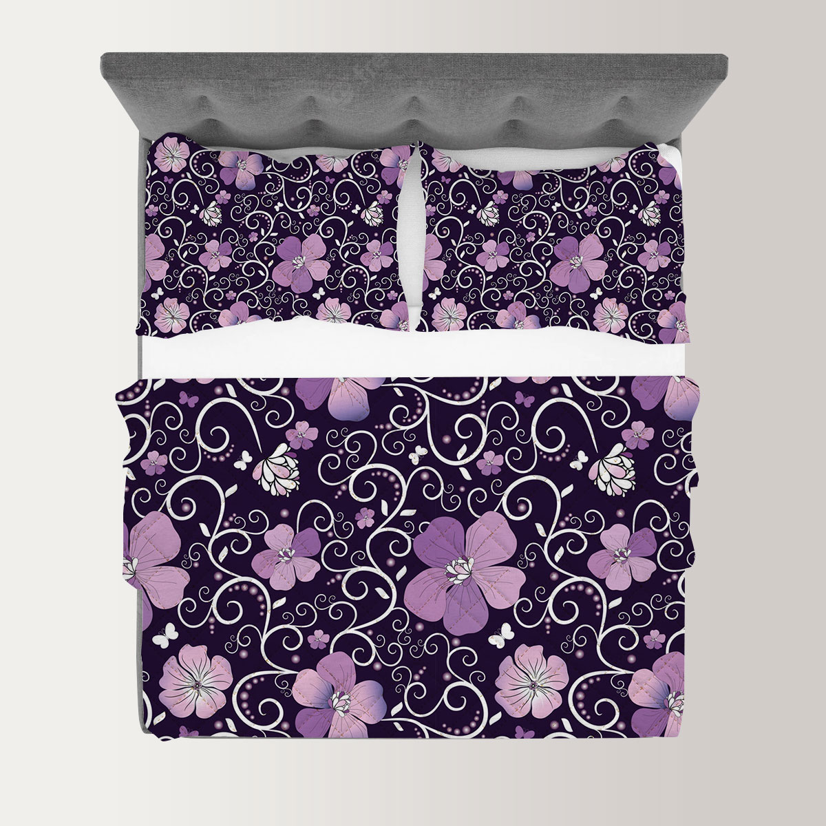 Dark Violet Floral Quilt Set