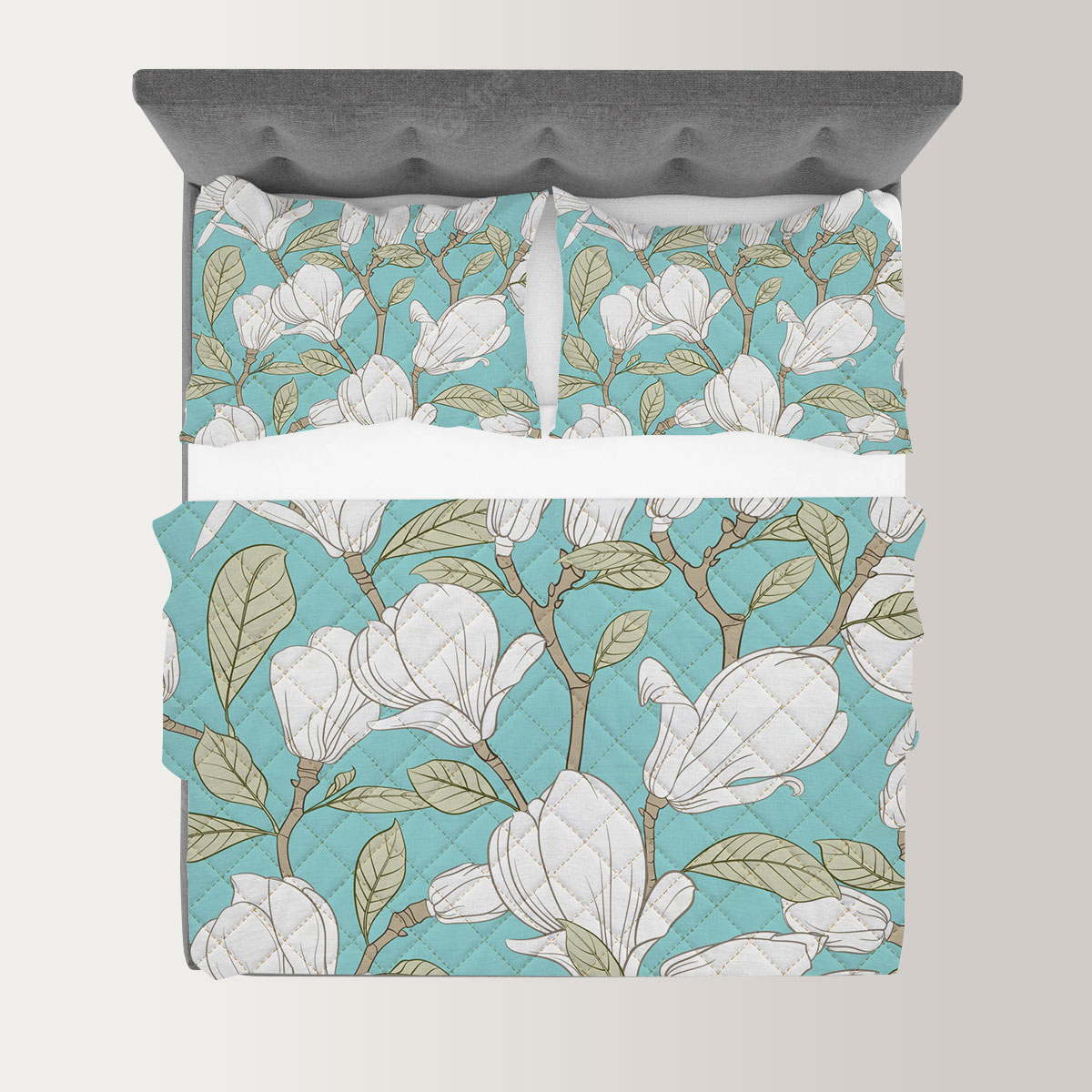 Magnolia Flower On Blue Background Quilt Set