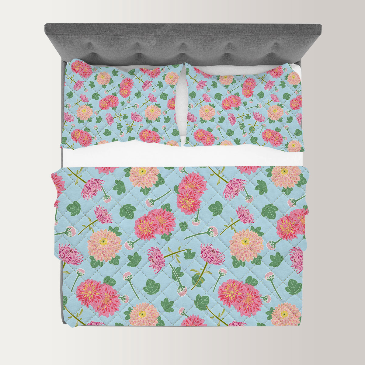 Pink Chrysanthemum Flowers And Leaves Quilt Set