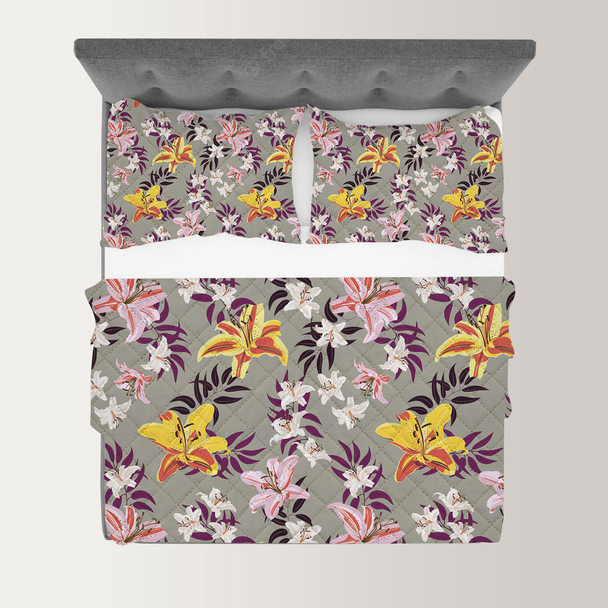 Vintage Lily Flower On Gray Background Quilt Set