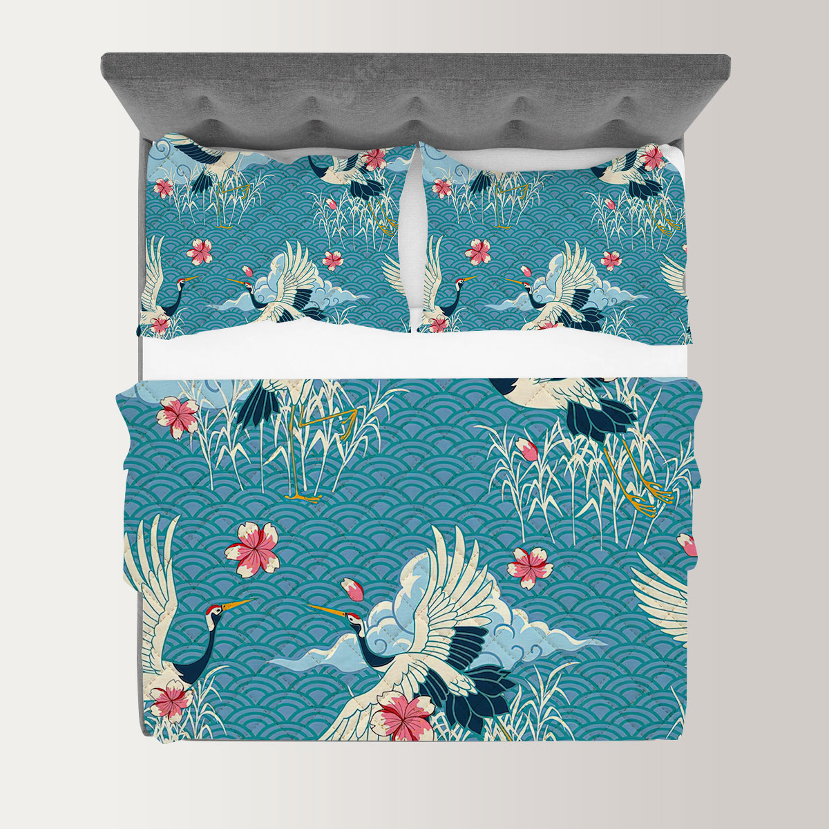 Vintage Spring Blue Heron Quilt Set