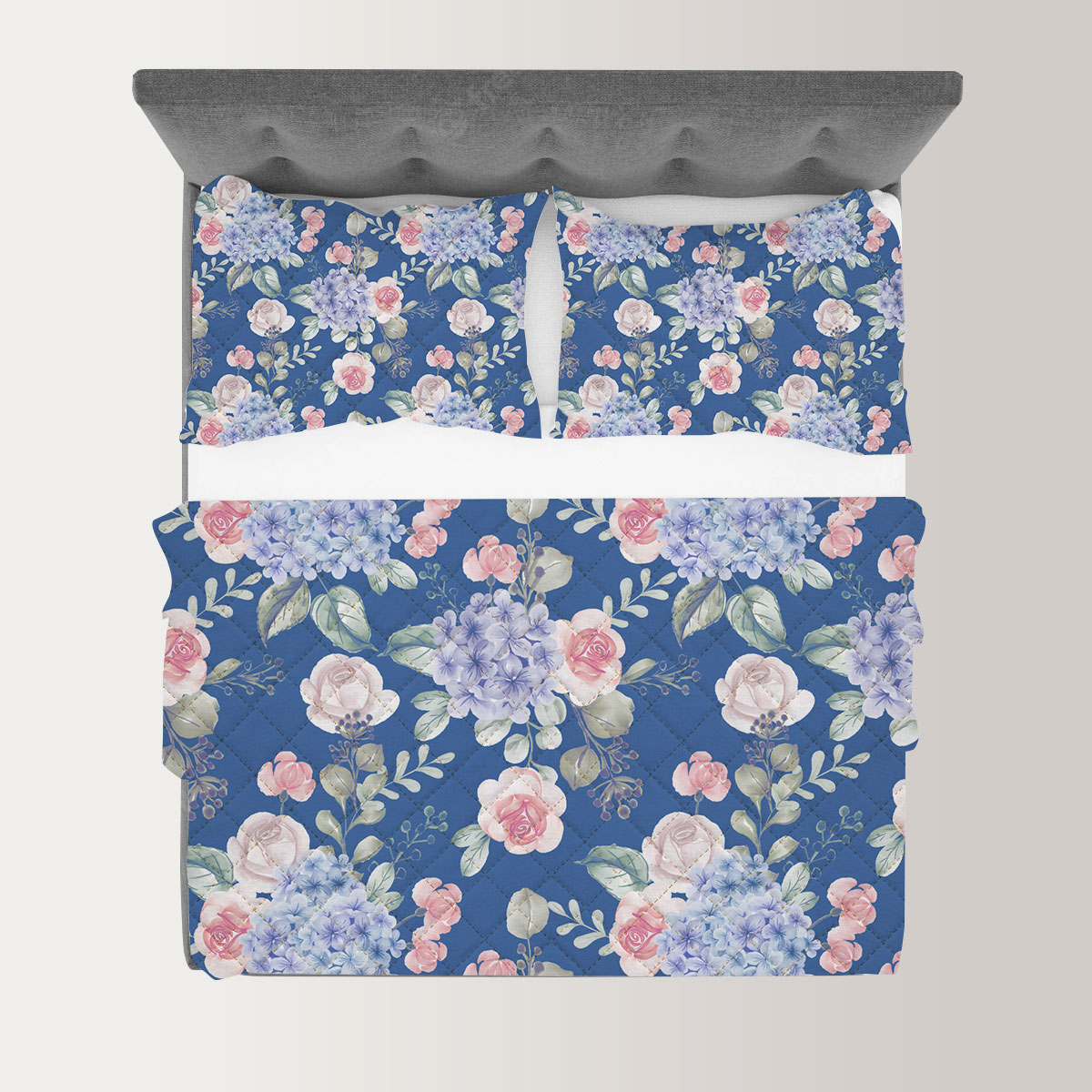 Watercolor Flower Hydrangea And Leaves Blue Quilt Set